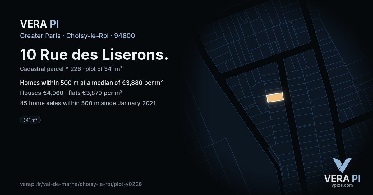 10 Rue des Liserons, Choisy-le-Roi at night – the plot lit, the parcels around coloured by the prices near them