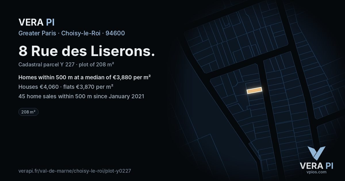 8 Rue des Liserons, Choisy-le-Roi at night – the plot lit, the parcels around coloured by the prices near them