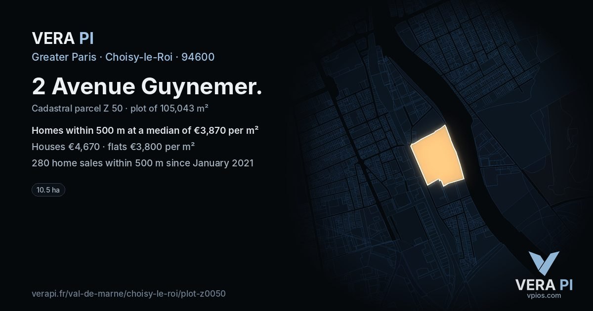 2 Avenue Guynemer, Choisy-le-Roi at night – the plot lit, the parcels around coloured by the prices near them