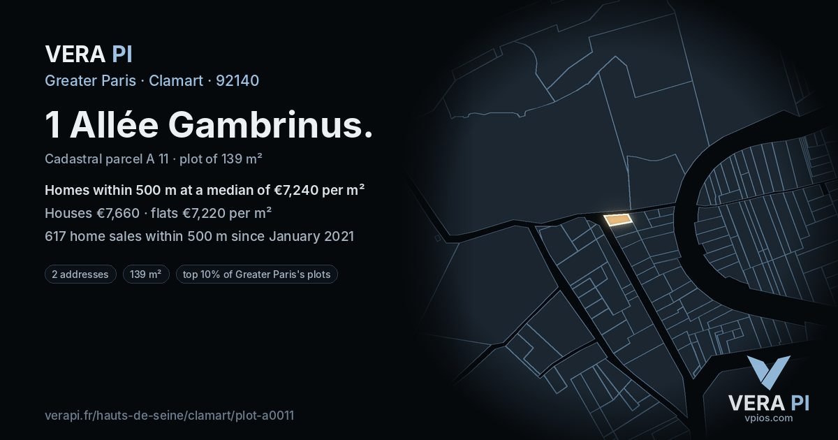 1 Allée Gambrinus, Clamart at night – the plot lit, the parcels around coloured by the prices near them