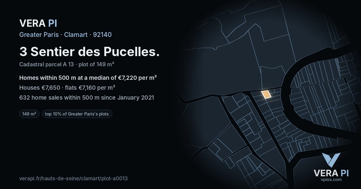 3 Sentier des Pucelles, Clamart at night – the plot lit, the parcels around coloured by the prices near them