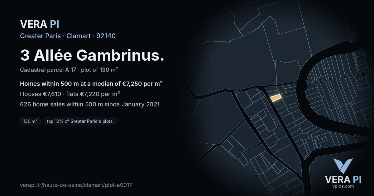 3 Allée Gambrinus, Clamart at night – the plot lit, the parcels around coloured by the prices near them