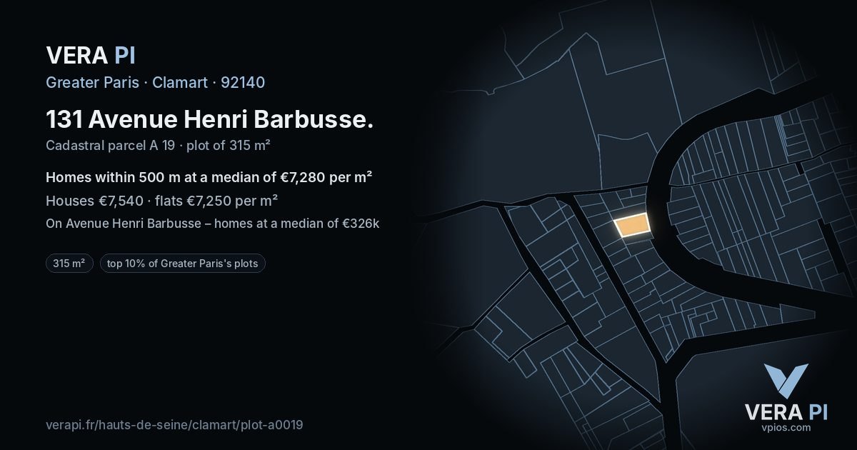 131 Avenue Henri Barbusse, Clamart at night – the plot lit, the parcels around coloured by the prices near them