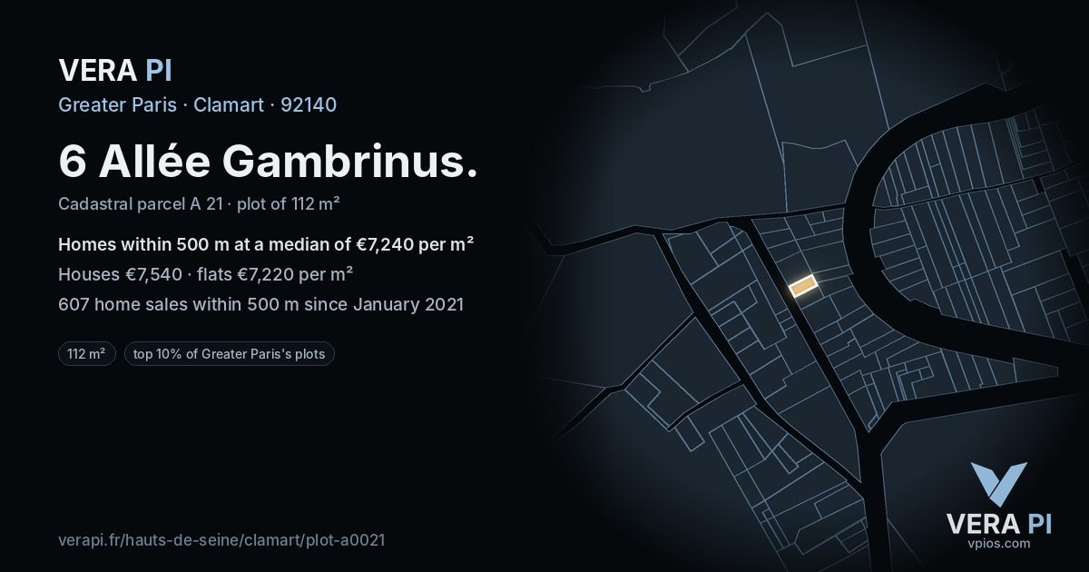 6 Allée Gambrinus, Clamart at night – the plot lit, the parcels around coloured by the prices near them