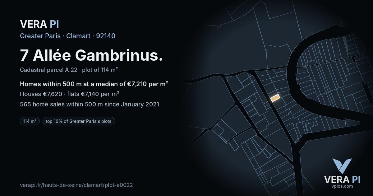 7 Allée Gambrinus, Clamart at night – the plot lit, the parcels around coloured by the prices near them