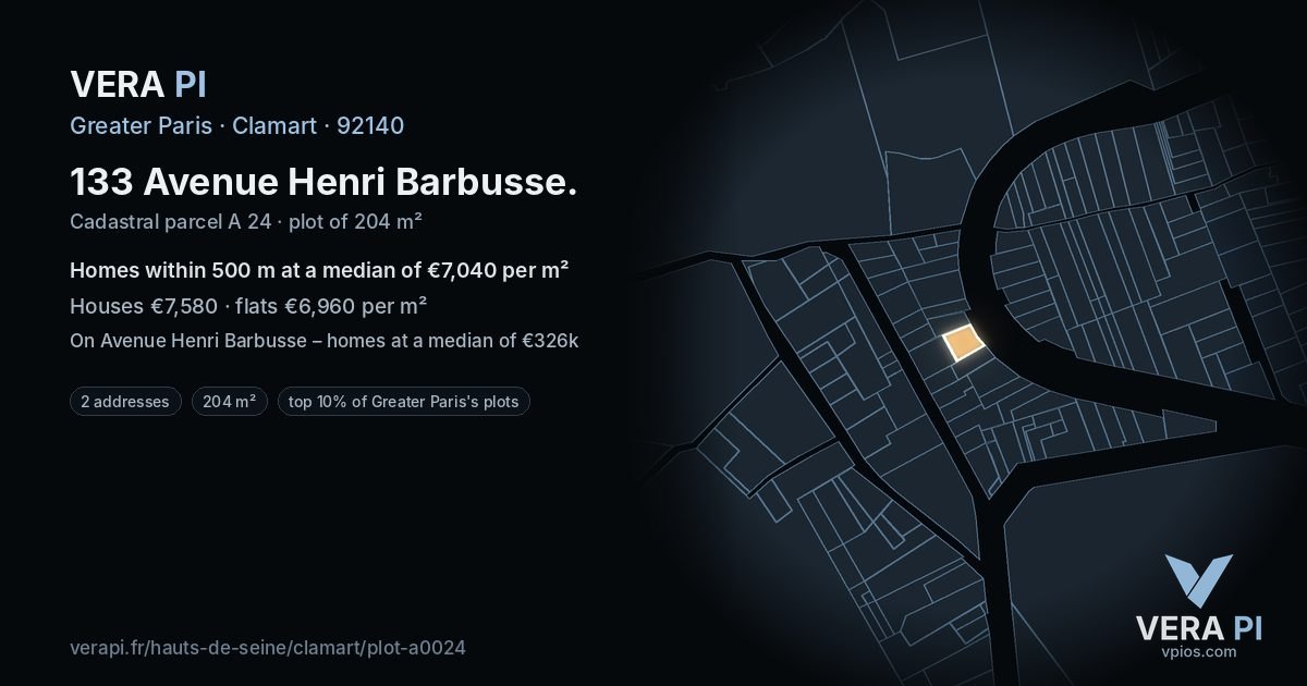 133 Avenue Henri Barbusse, Clamart at night – the plot lit, the parcels around coloured by the prices near them