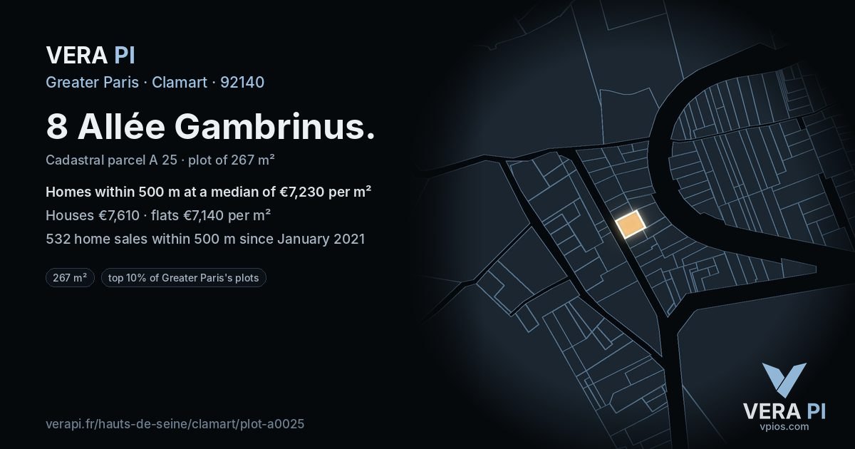 8 Allée Gambrinus, Clamart at night – the plot lit, the parcels around coloured by the prices near them