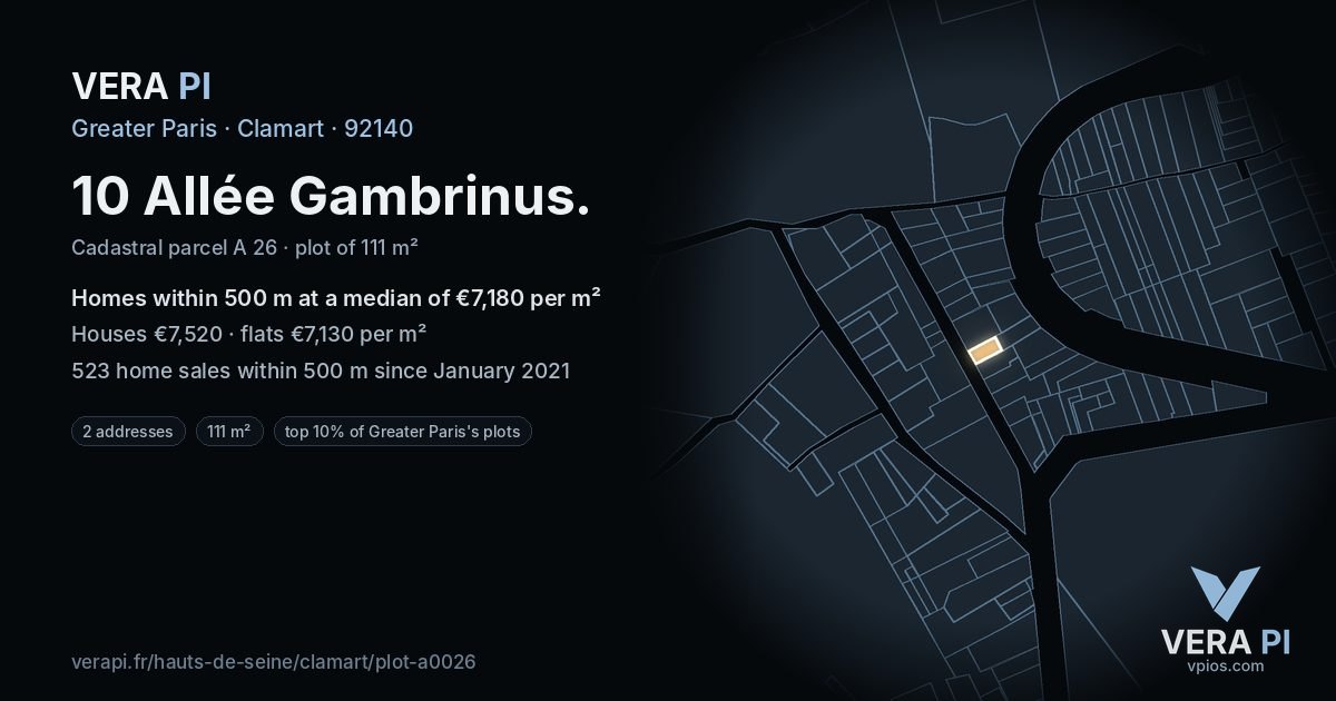 10 Allée Gambrinus, Clamart at night – the plot lit, the parcels around coloured by the prices near them