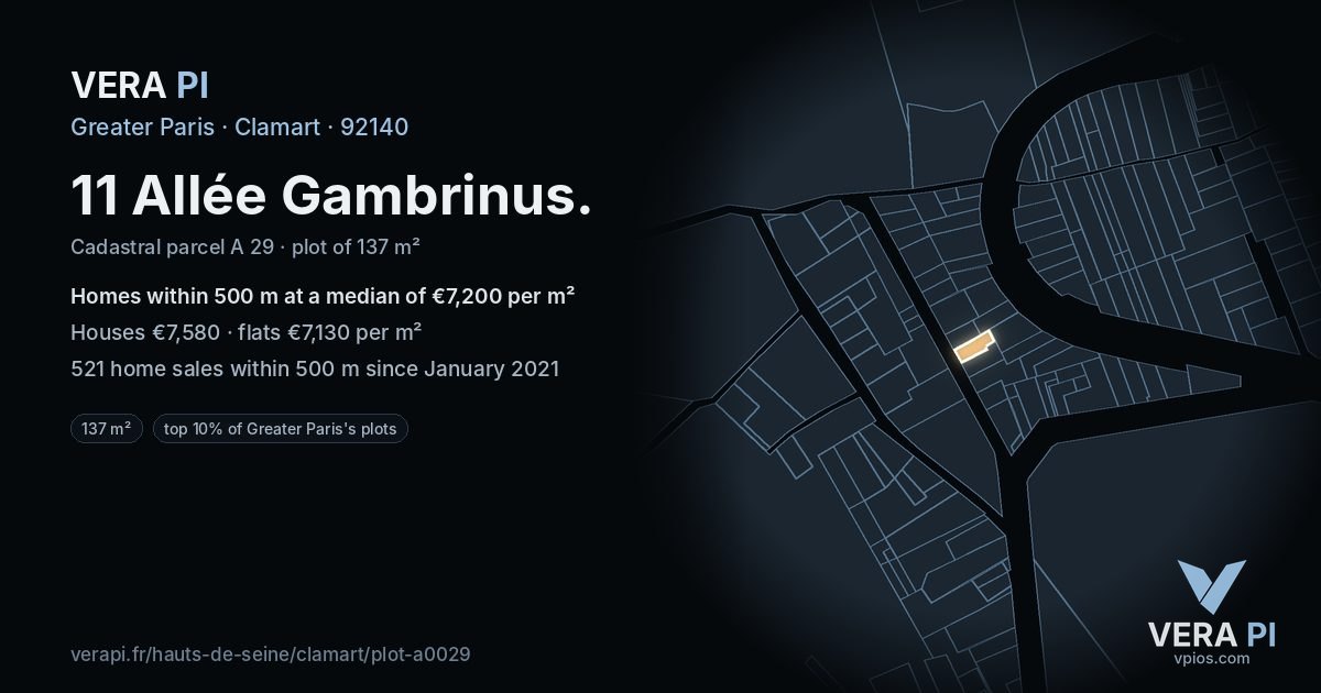 11 Allée Gambrinus, Clamart at night – the plot lit, the parcels around coloured by the prices near them