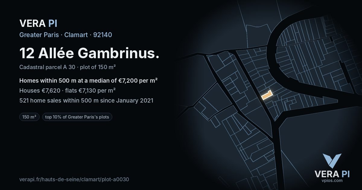 12 Allée Gambrinus, Clamart at night – the plot lit, the parcels around coloured by the prices near them