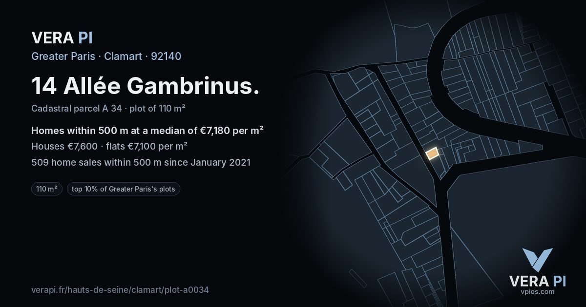 14 Allée Gambrinus, Clamart at night – the plot lit, the parcels around coloured by the prices near them
