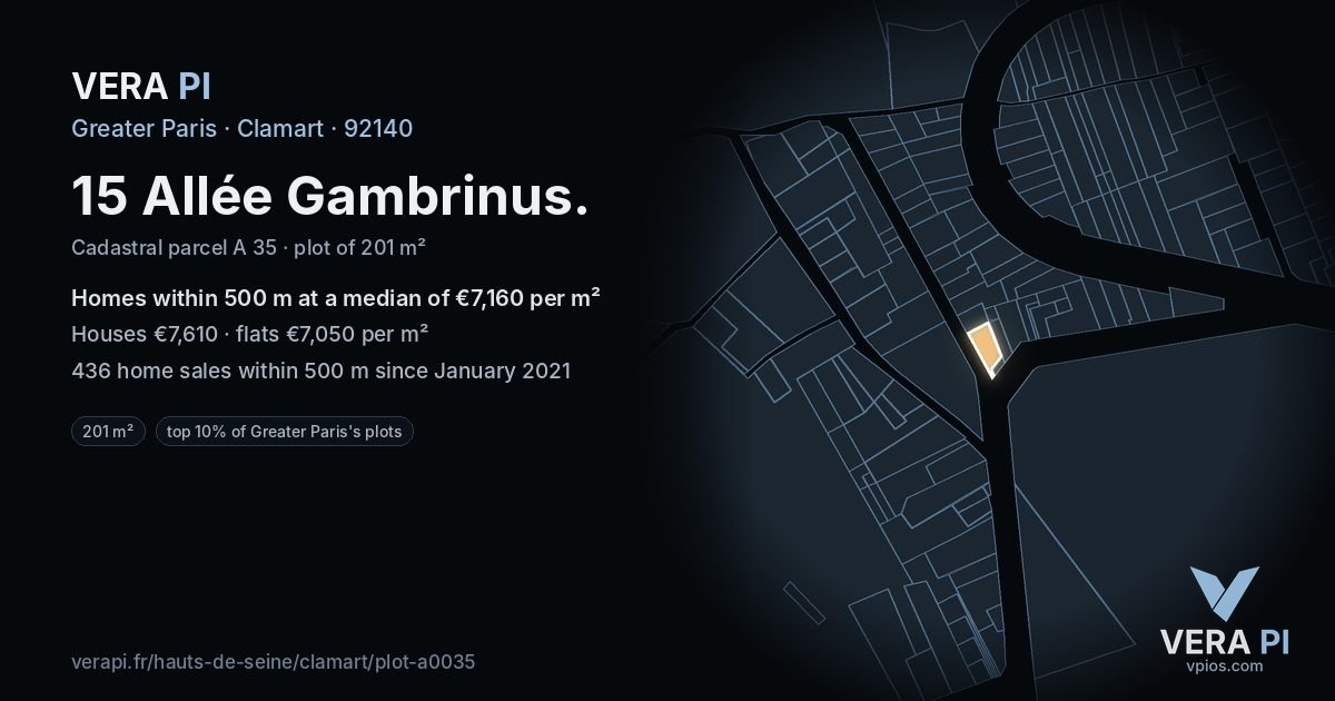 15 Allée Gambrinus, Clamart at night – the plot lit, the parcels around coloured by the prices near them