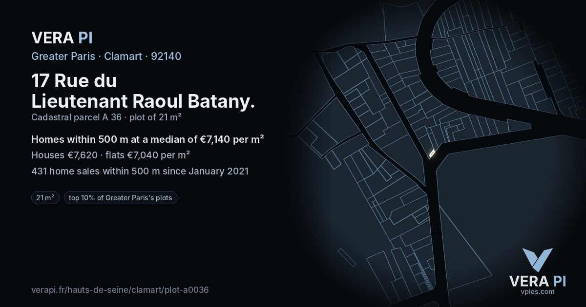 17 Rue du Lieutenant Raoul Batany, Clamart at night – the plot lit, the parcels around coloured by the prices near them