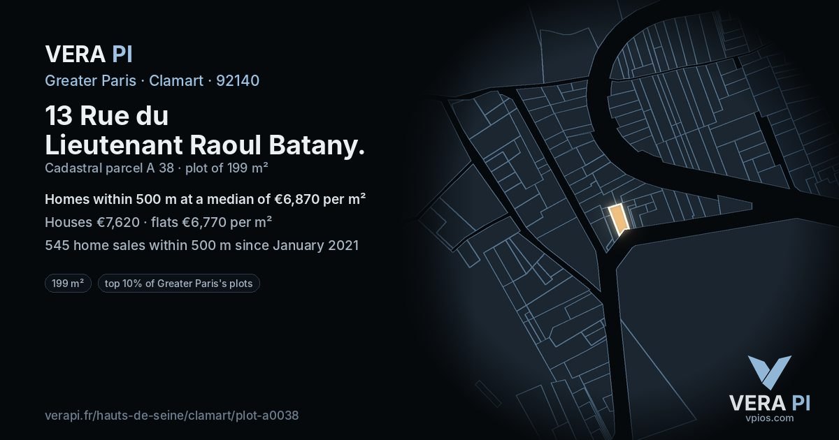 13 Rue du Lieutenant Raoul Batany, Clamart at night – the plot lit, the parcels around coloured by the prices near them