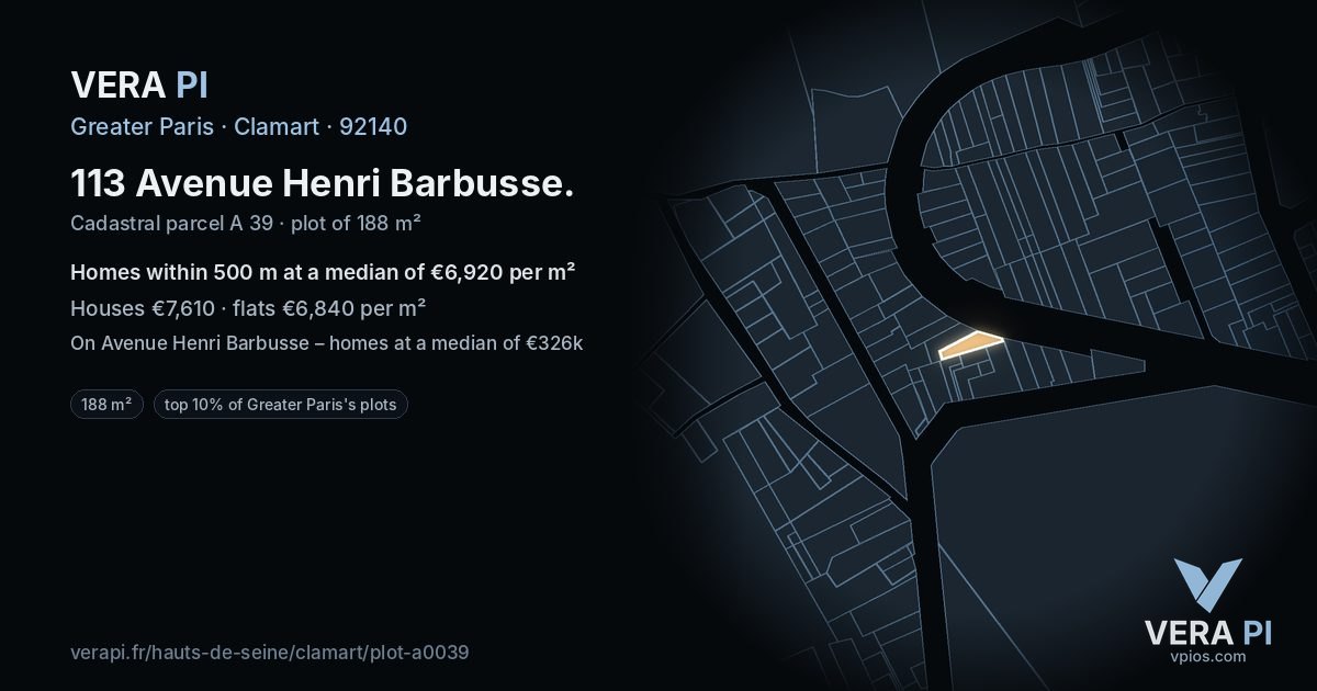 113 Avenue Henri Barbusse, Clamart at night – the plot lit, the parcels around coloured by the prices near them