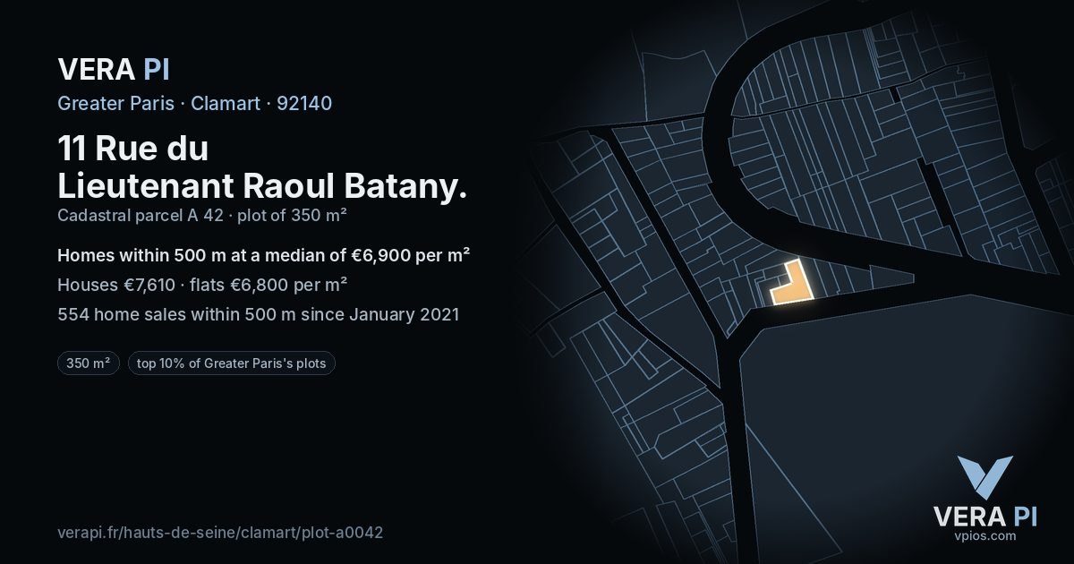 11 Rue du Lieutenant Raoul Batany, Clamart at night – the plot lit, the parcels around coloured by the prices near them