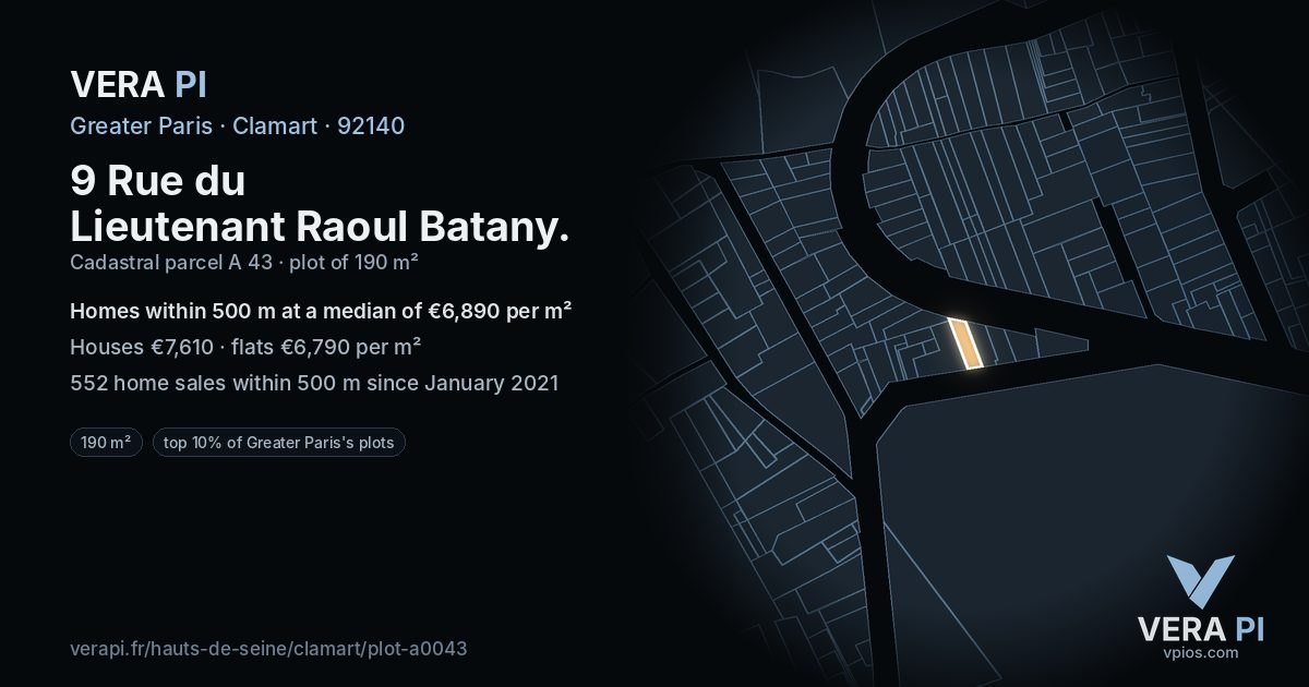 9 Rue du Lieutenant Raoul Batany, Clamart at night – the plot lit, the parcels around coloured by the prices near them