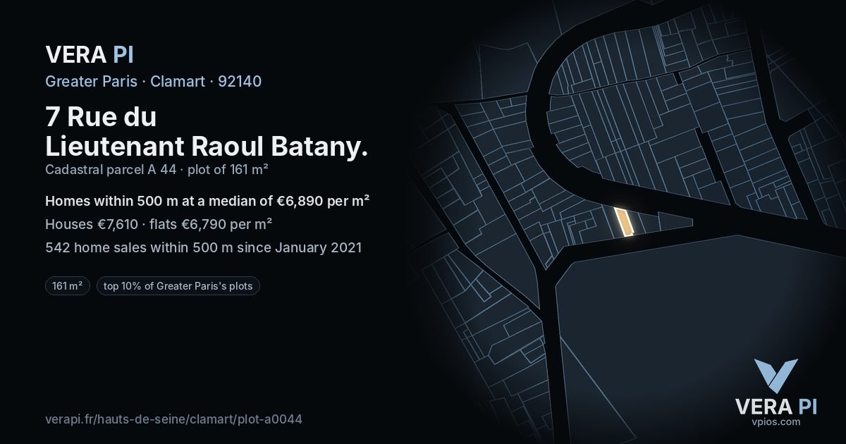 7 Rue du Lieutenant Raoul Batany, Clamart at night – the plot lit, the parcels around coloured by the prices near them