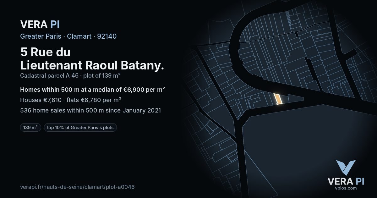 5 Rue du Lieutenant Raoul Batany, Clamart at night – the plot lit, the parcels around coloured by the prices near them