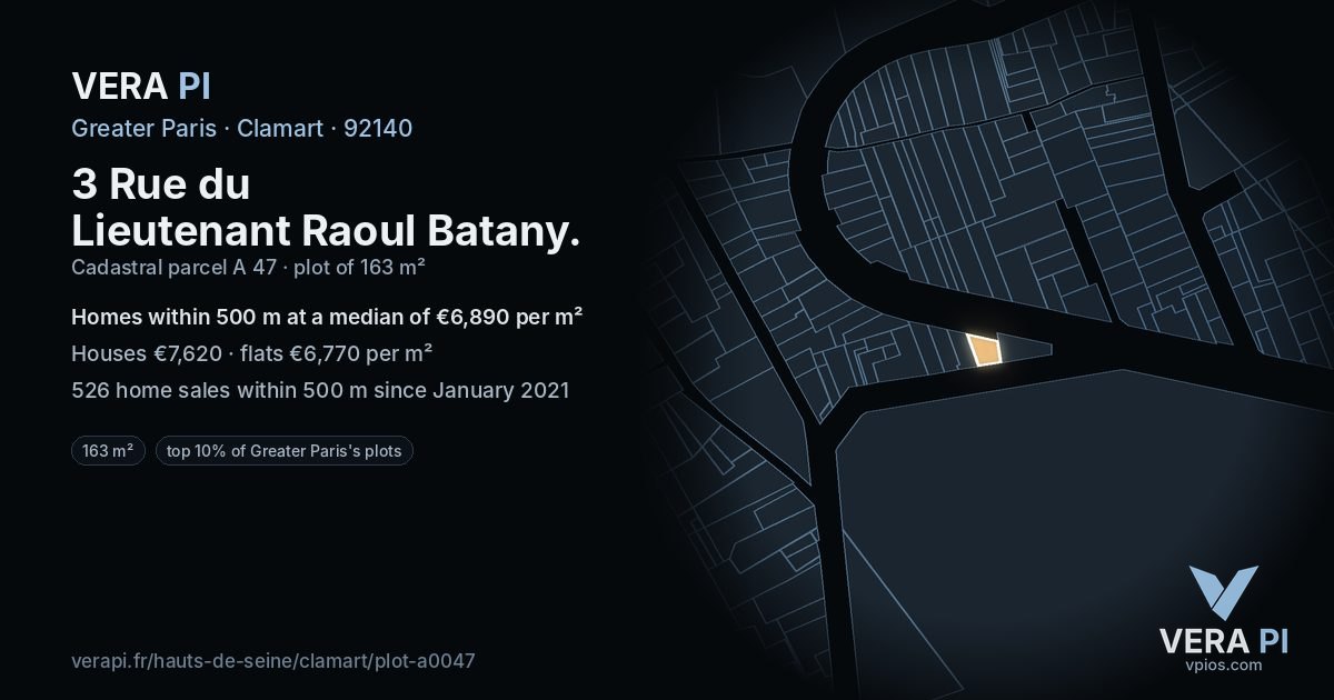 3 Rue du Lieutenant Raoul Batany, Clamart at night – the plot lit, the parcels around coloured by the prices near them