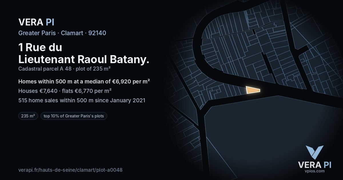 1 Rue du Lieutenant Raoul Batany, Clamart at night – the plot lit, the parcels around coloured by the prices near them