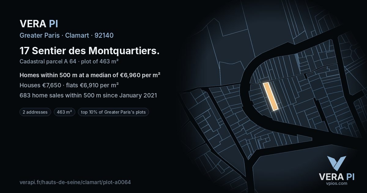 17 Sentier des Montquartiers, Clamart at night – the plot lit, the parcels around coloured by the prices near them