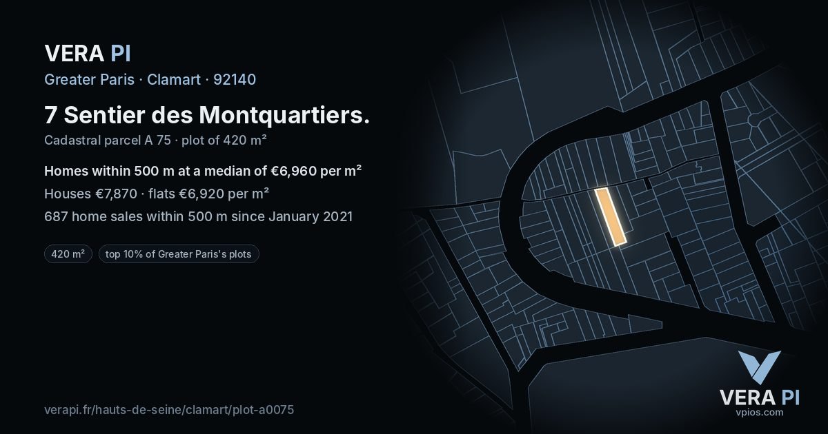 7 Sentier des Montquartiers, Clamart at night – the plot lit, the parcels around coloured by the prices near them