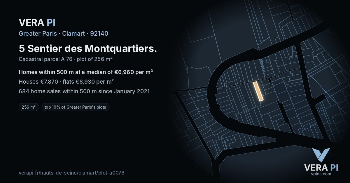 5 Sentier des Montquartiers, Clamart at night – the plot lit, the parcels around coloured by the prices near them