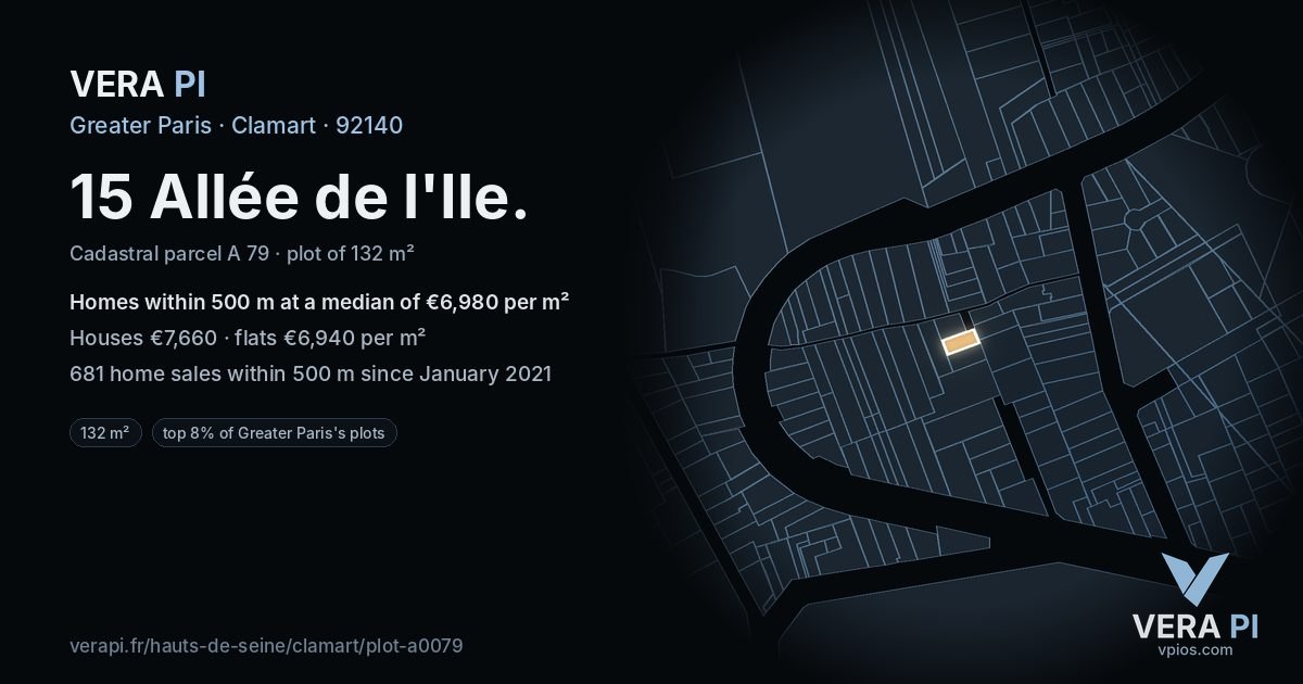 15 Allée de l'Ile, Clamart at night – the plot lit, the parcels around coloured by the prices near them