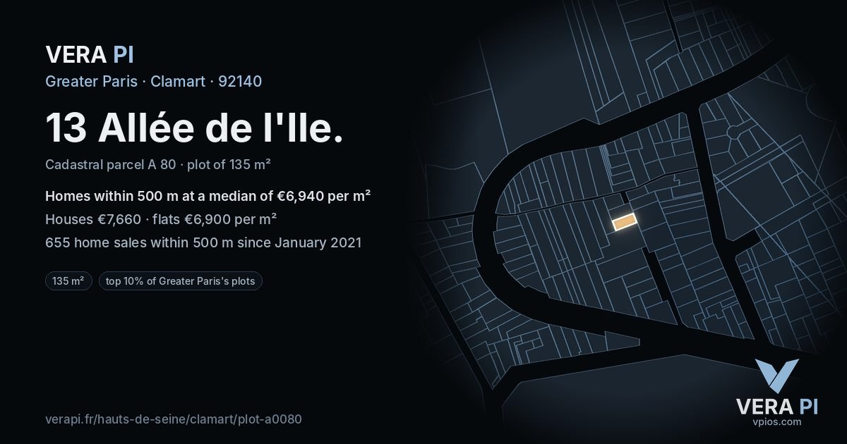 13 Allée de l'Ile, Clamart at night – the plot lit, the parcels around coloured by the prices near them
