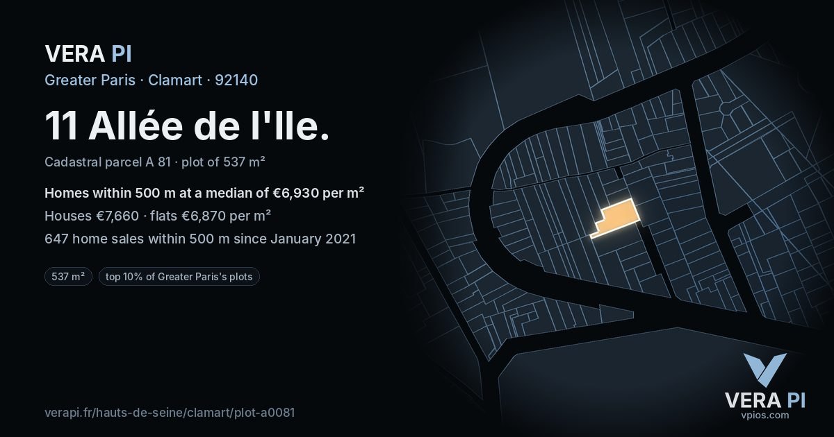 11 Allée de l'Ile, Clamart at night – the plot lit, the parcels around coloured by the prices near them