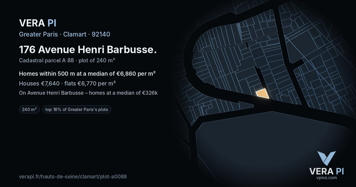 176 Avenue Henri Barbusse, Clamart at night – the plot lit, the parcels around coloured by the prices near them
