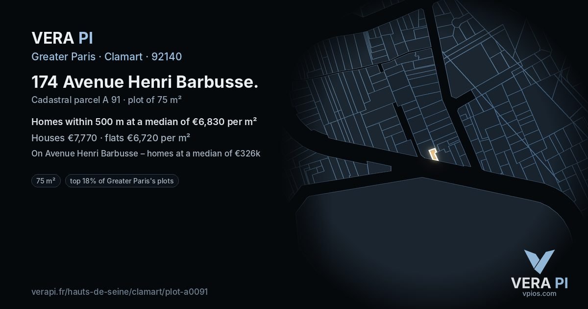174 Avenue Henri Barbusse, Clamart at night – the plot lit, the parcels around coloured by the prices near them