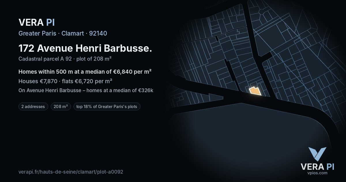 172 Avenue Henri Barbusse, Clamart at night – the plot lit, the parcels around coloured by the prices near them