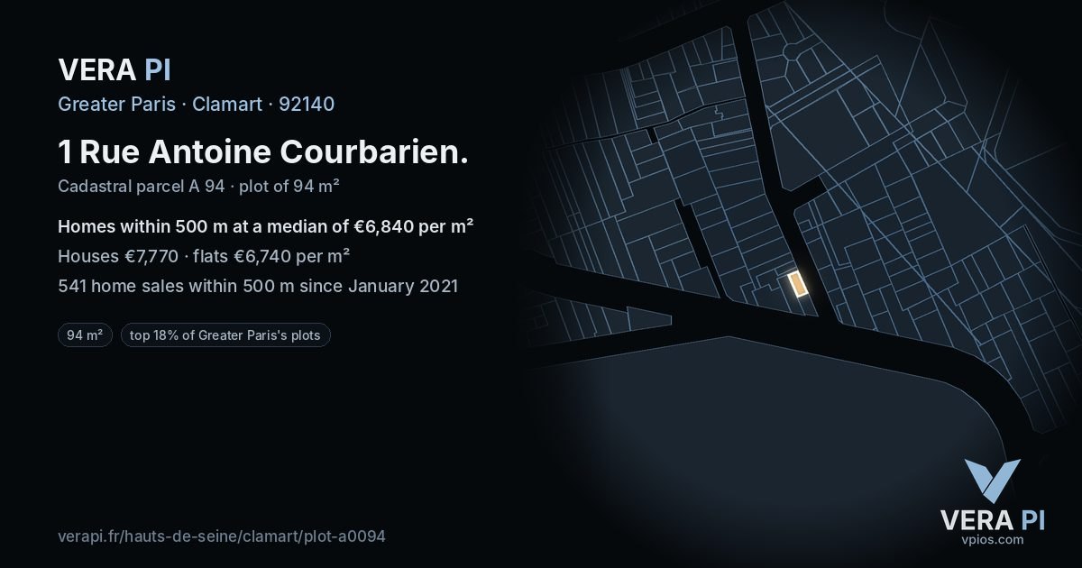 1 Rue Antoine Courbarien, Clamart at night – the plot lit, the parcels around coloured by the prices near them