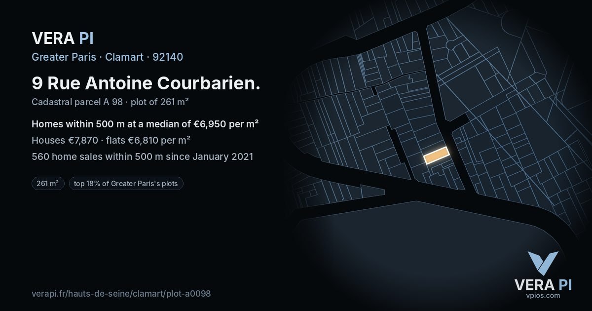 9 Rue Antoine Courbarien, Clamart at night – the plot lit, the parcels around coloured by the prices near them