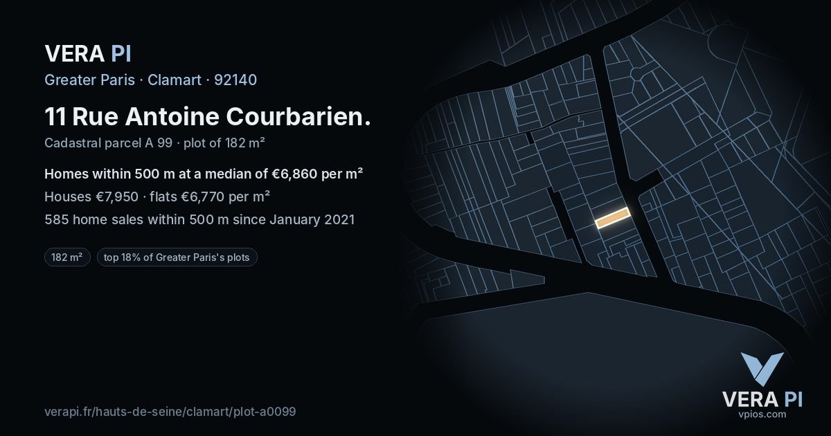 11 Rue Antoine Courbarien, Clamart at night – the plot lit, the parcels around coloured by the prices near them