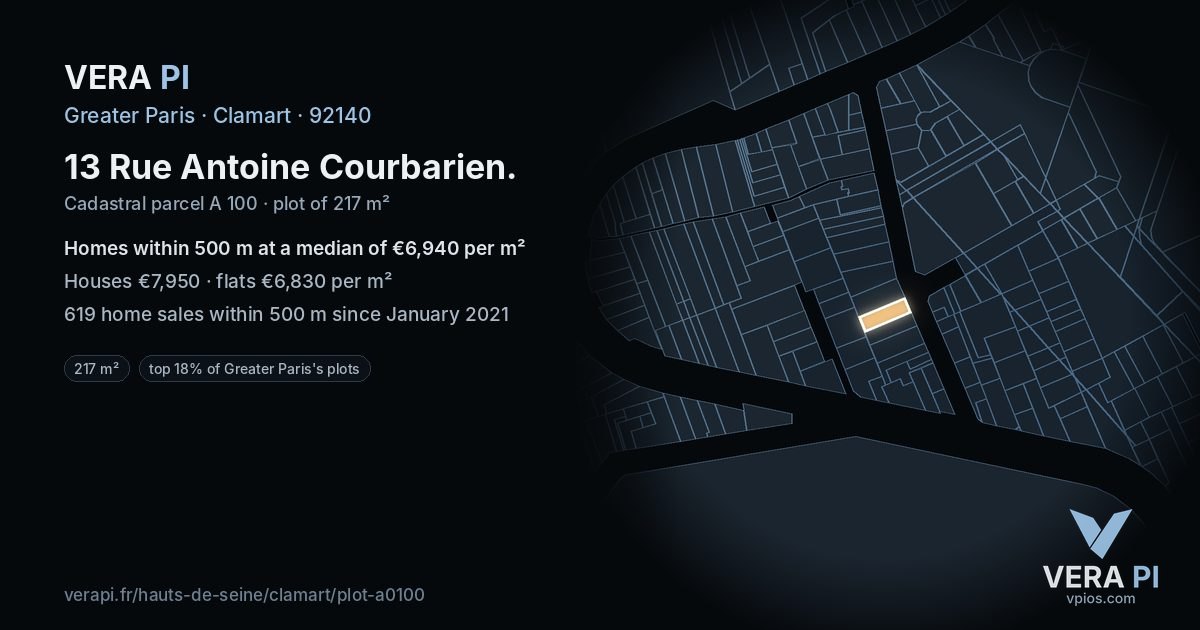 13 Rue Antoine Courbarien, Clamart at night – the plot lit, the parcels around coloured by the prices near them