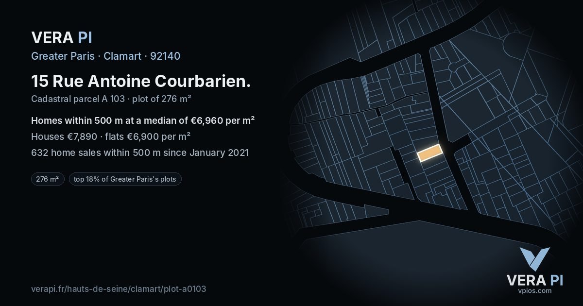 15 Rue Antoine Courbarien, Clamart at night – the plot lit, the parcels around coloured by the prices near them