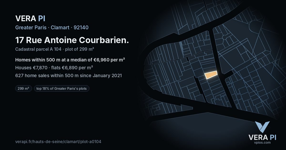 17 Rue Antoine Courbarien, Clamart at night – the plot lit, the parcels around coloured by the prices near them