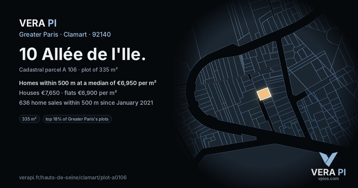 10 Allée de l'Ile, Clamart at night – the plot lit, the parcels around coloured by the prices near them