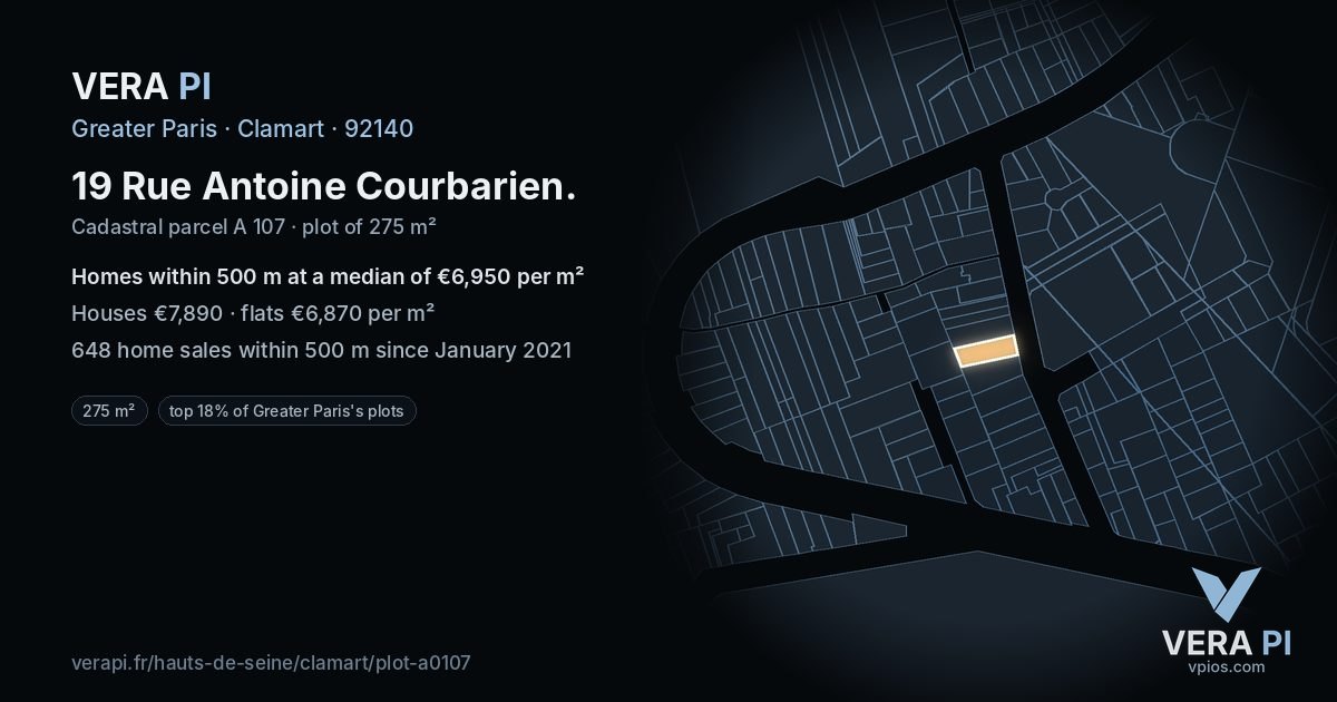 19 Rue Antoine Courbarien, Clamart at night – the plot lit, the parcels around coloured by the prices near them