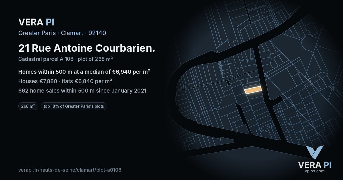 21 Rue Antoine Courbarien, Clamart at night – the plot lit, the parcels around coloured by the prices near them