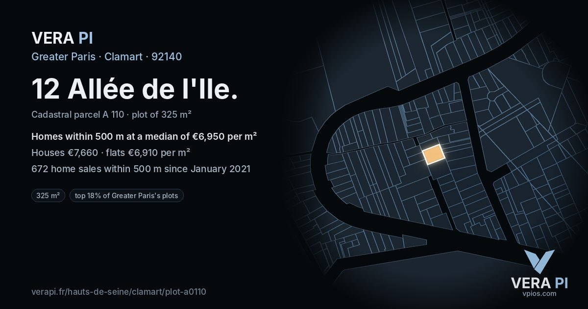 12 Allée de l'Ile, Clamart at night – the plot lit, the parcels around coloured by the prices near them