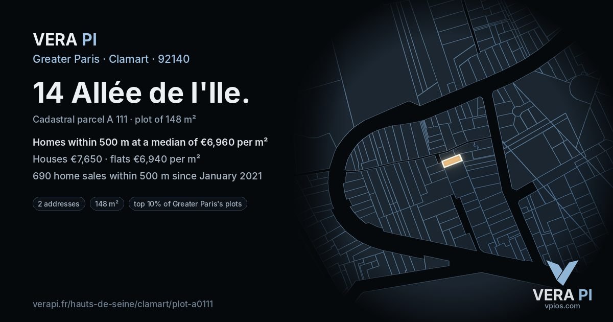 14 Allée de l'Ile, Clamart at night – the plot lit, the parcels around coloured by the prices near them