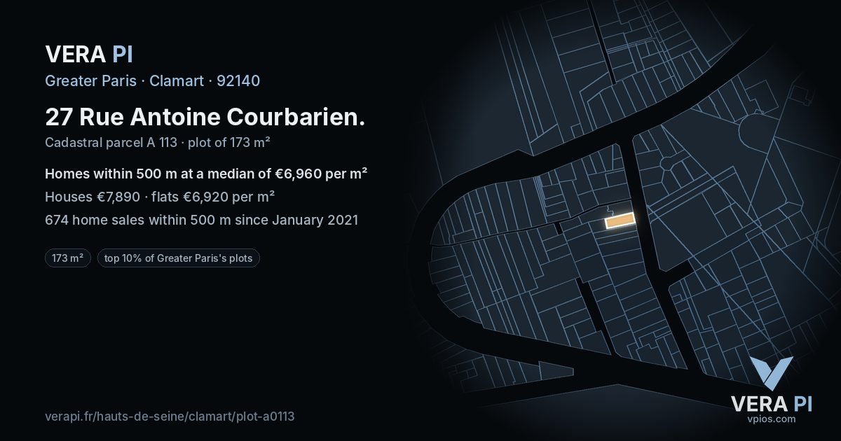 27 Rue Antoine Courbarien, Clamart at night – the plot lit, the parcels around coloured by the prices near them