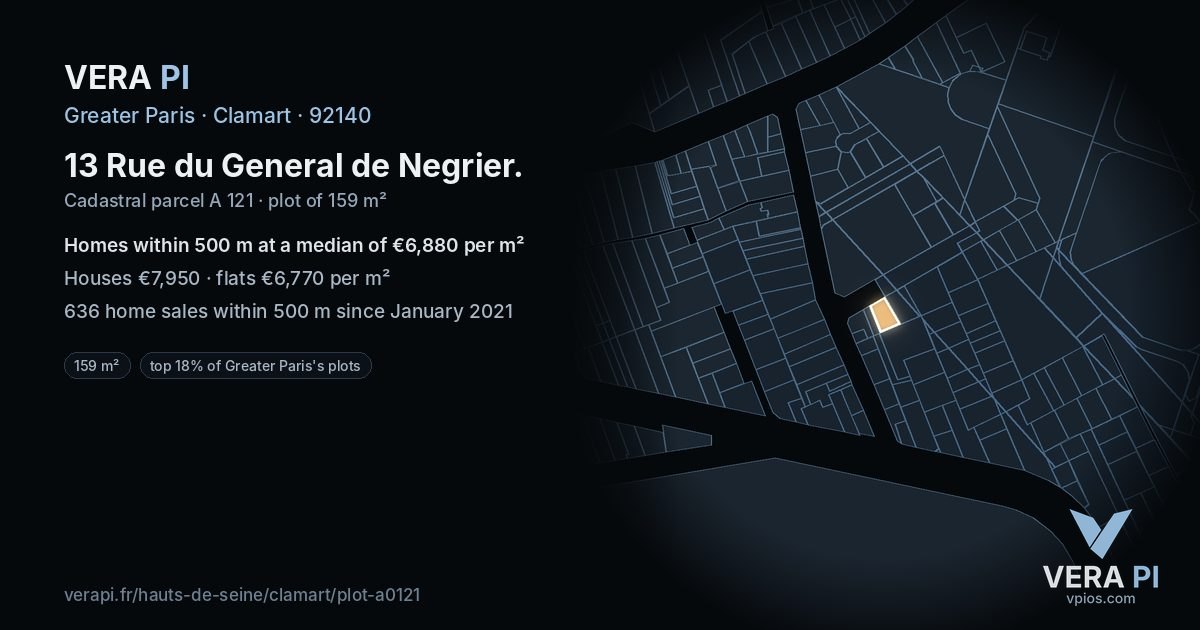 13 Rue du General de Negrier, Clamart at night – the plot lit, the parcels around coloured by the prices near them