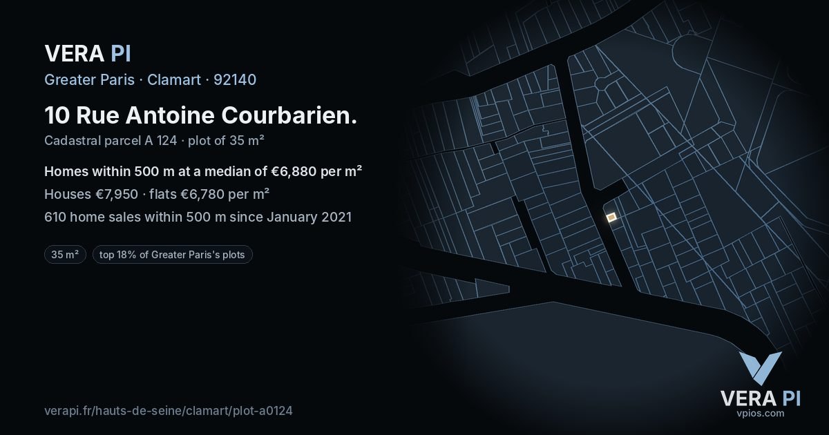 10 Rue Antoine Courbarien, Clamart at night – the plot lit, the parcels around coloured by the prices near them