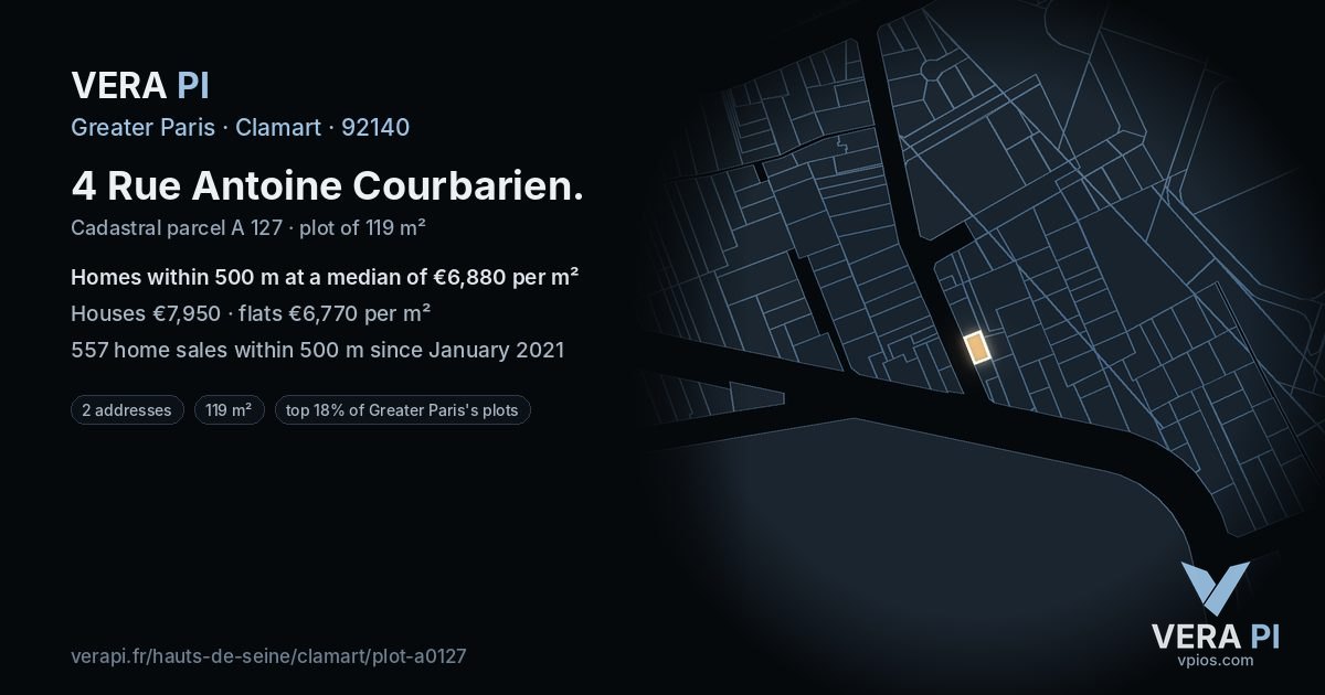4 Rue Antoine Courbarien, Clamart at night – the plot lit, the parcels around coloured by the prices near them