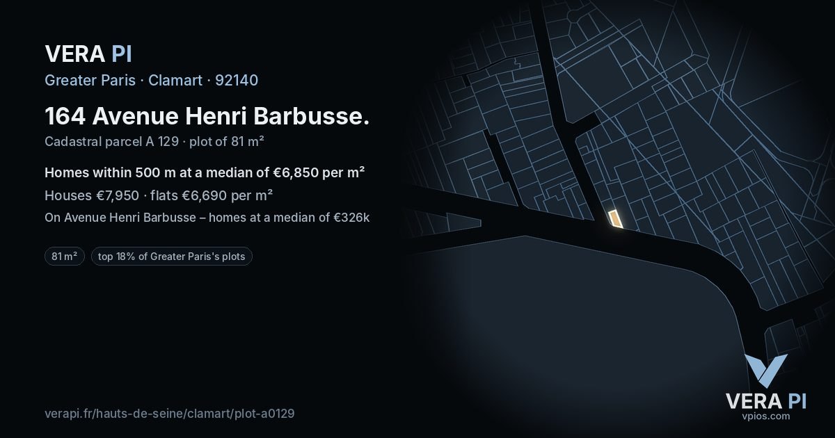 164 Avenue Henri Barbusse, Clamart at night – the plot lit, the parcels around coloured by the prices near them